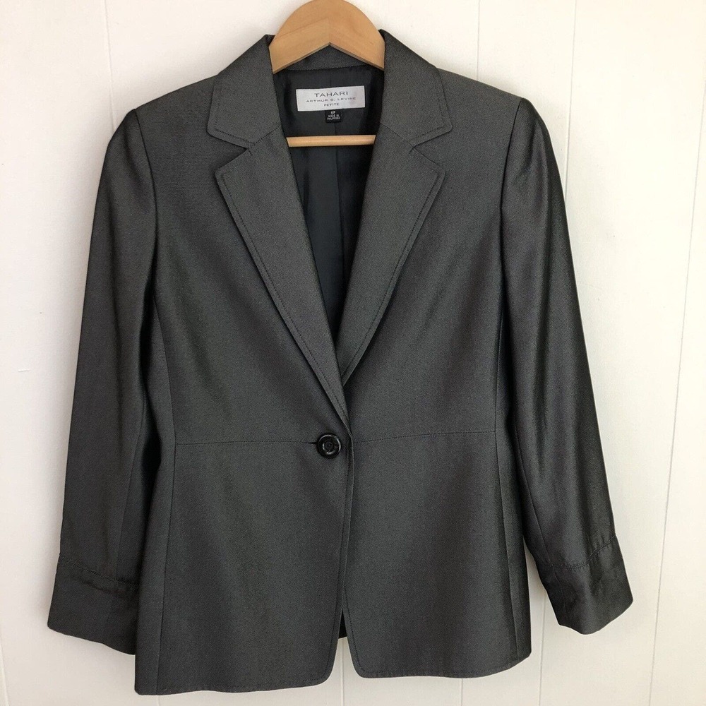 Tahari Arthur S Levine Women's Petite 6P Blazer Dark Gray Sheen One Button Work